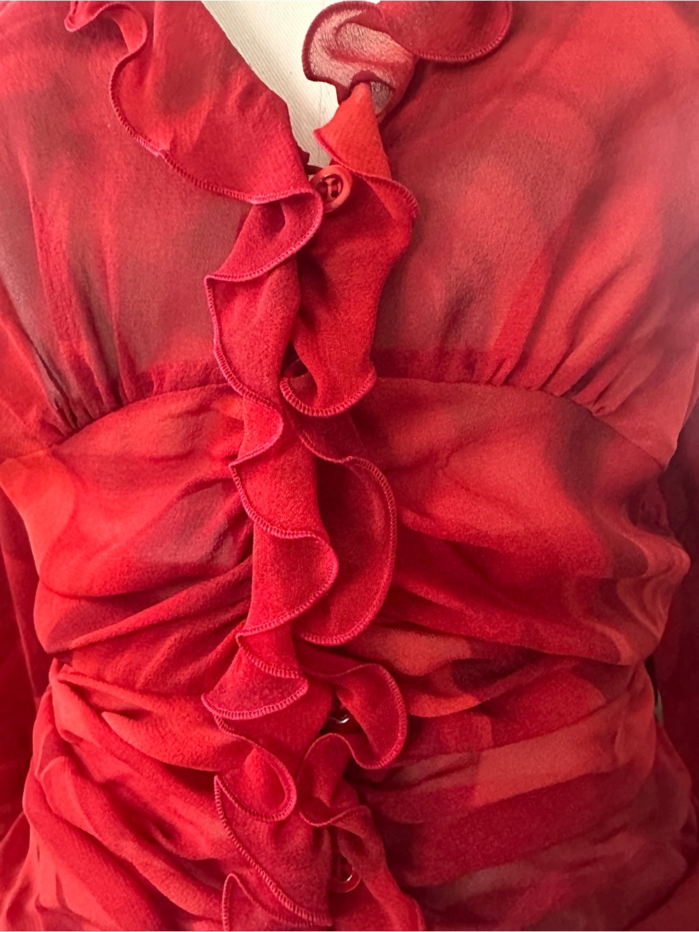 Escada Silk Sheer Ruched Ruffle Blouse Red Y2K Top XS/S - Picture 4 of 10